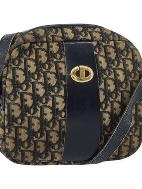 Christian Dior Trotter Canvas Shoulder Bag Navy Gold Auth 160817